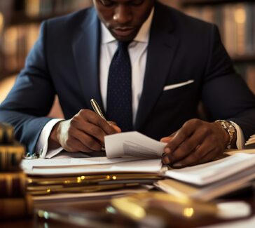 A Black lawyer is working on documents in his office A Black lawyer is working on documents in his office
